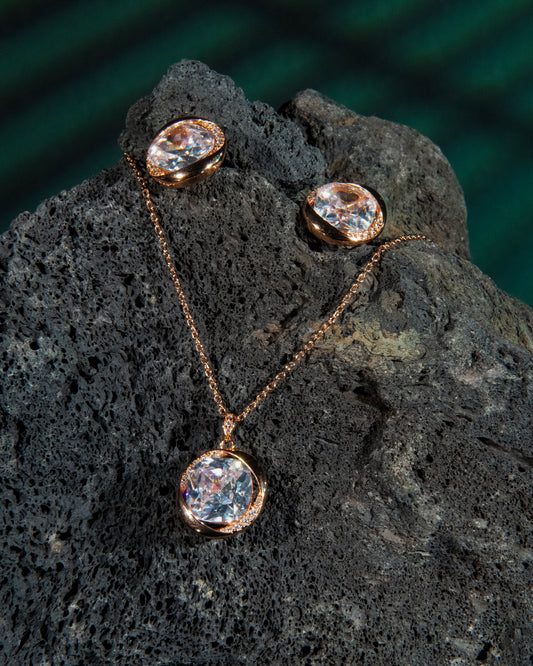 Sterling Silver Rose Gold Zircon Encrusted Diamond Necklace Set