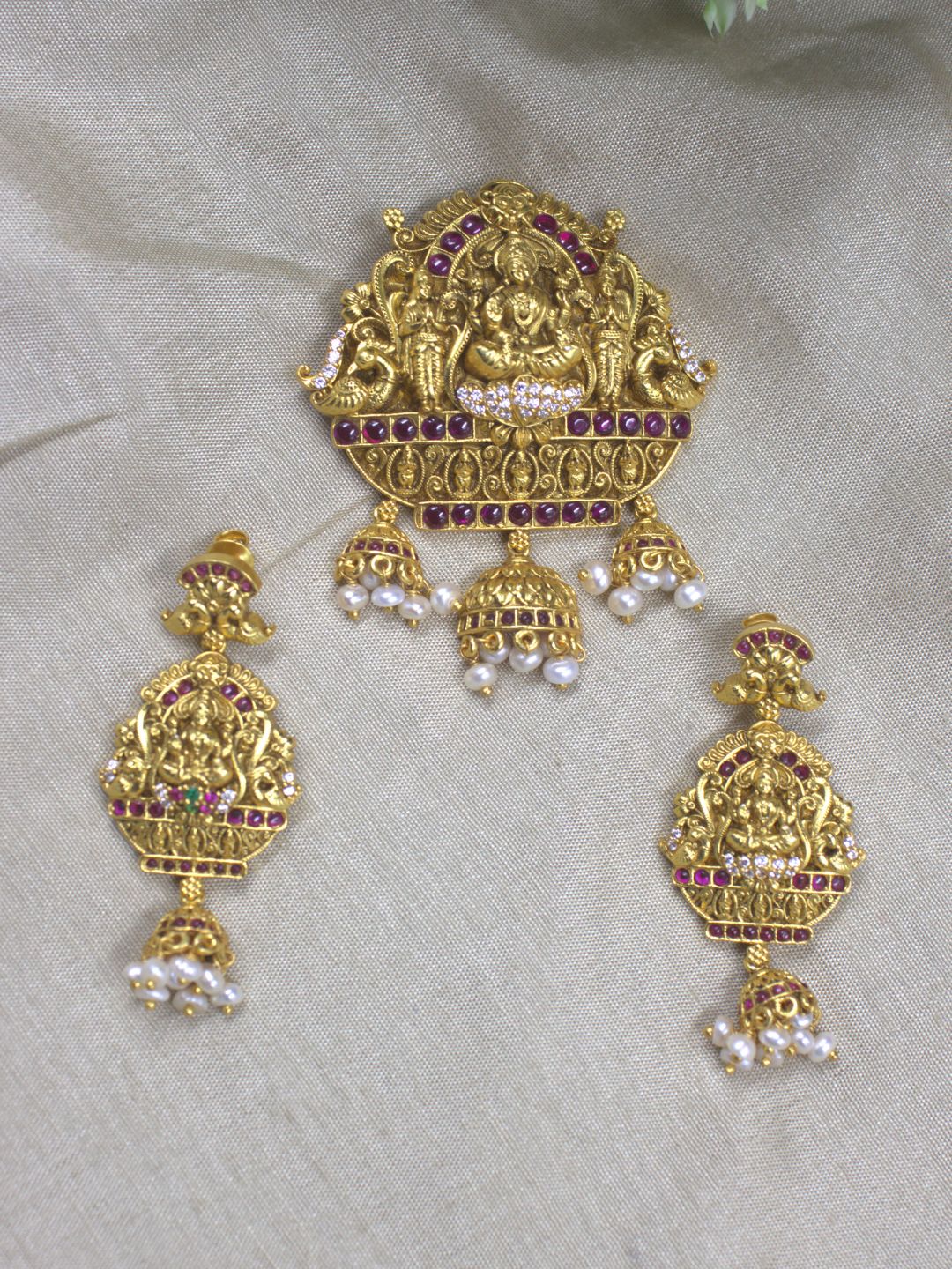 Tansi Jewels Divine Lakshmi Devi Gold-Plated Pendant & Jhumka Set