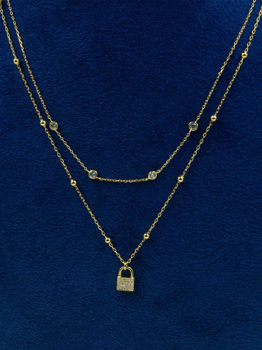 Tansi Jewels Double Layered Lock 18K Gold Plated Sterling Silver Chain Necklace