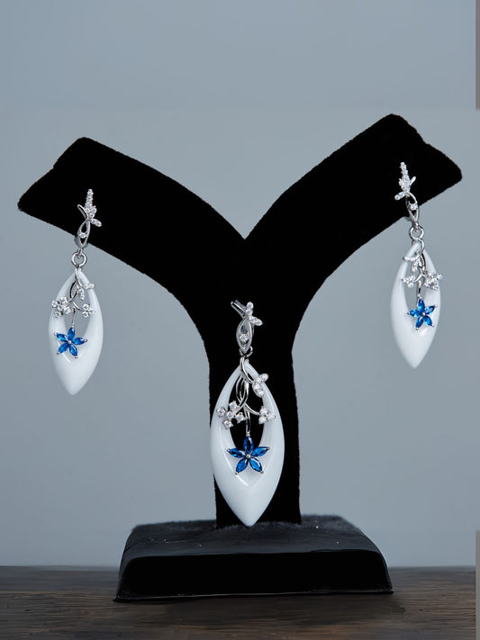 Tansi Jewels Floral Blue Stone White Enamel Pendant Set With Earrings