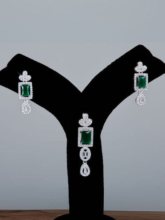 Tansi Jewels Green Cubic Zircon Hanging Pendant With Earring Set