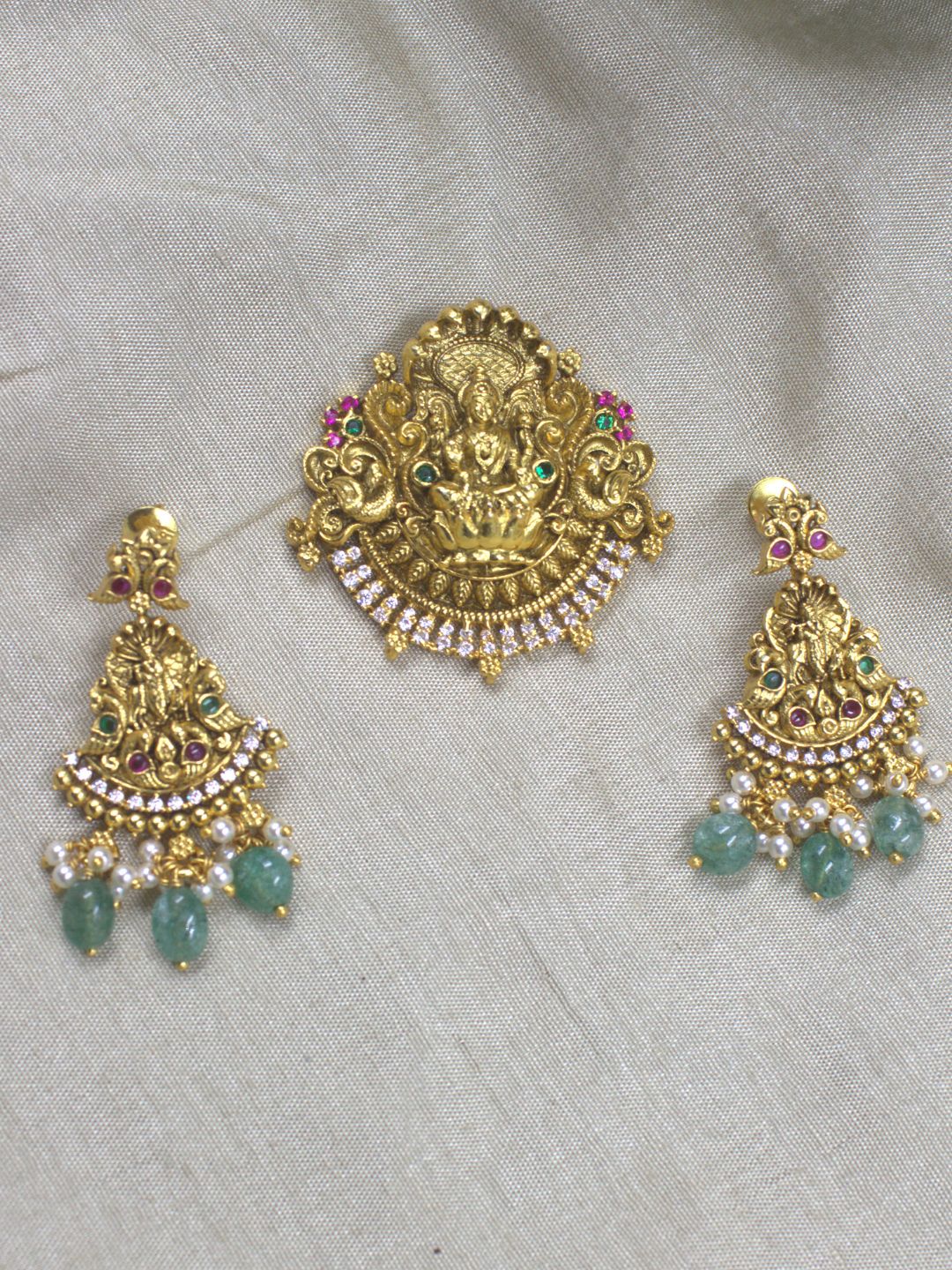 Tansi Jewels Lakshmi Devi Antique Pendant With Jhumkaas