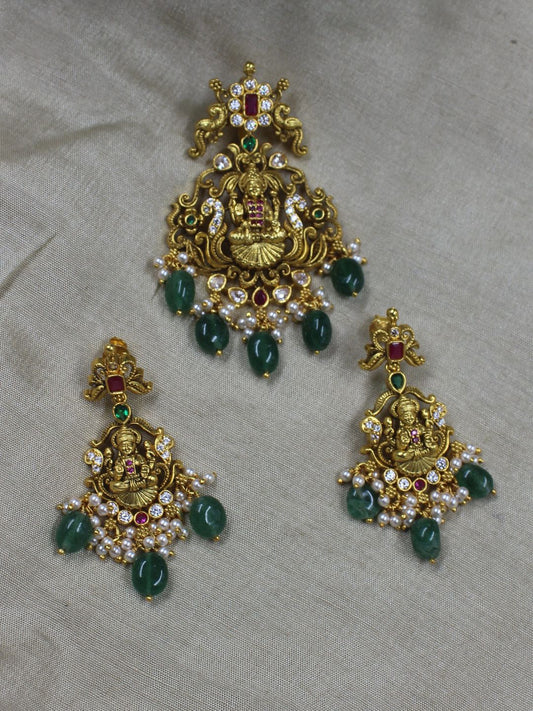 Tansi Jewels Nagas Lakshmi Kundan Pendant Set With Jhumkaas