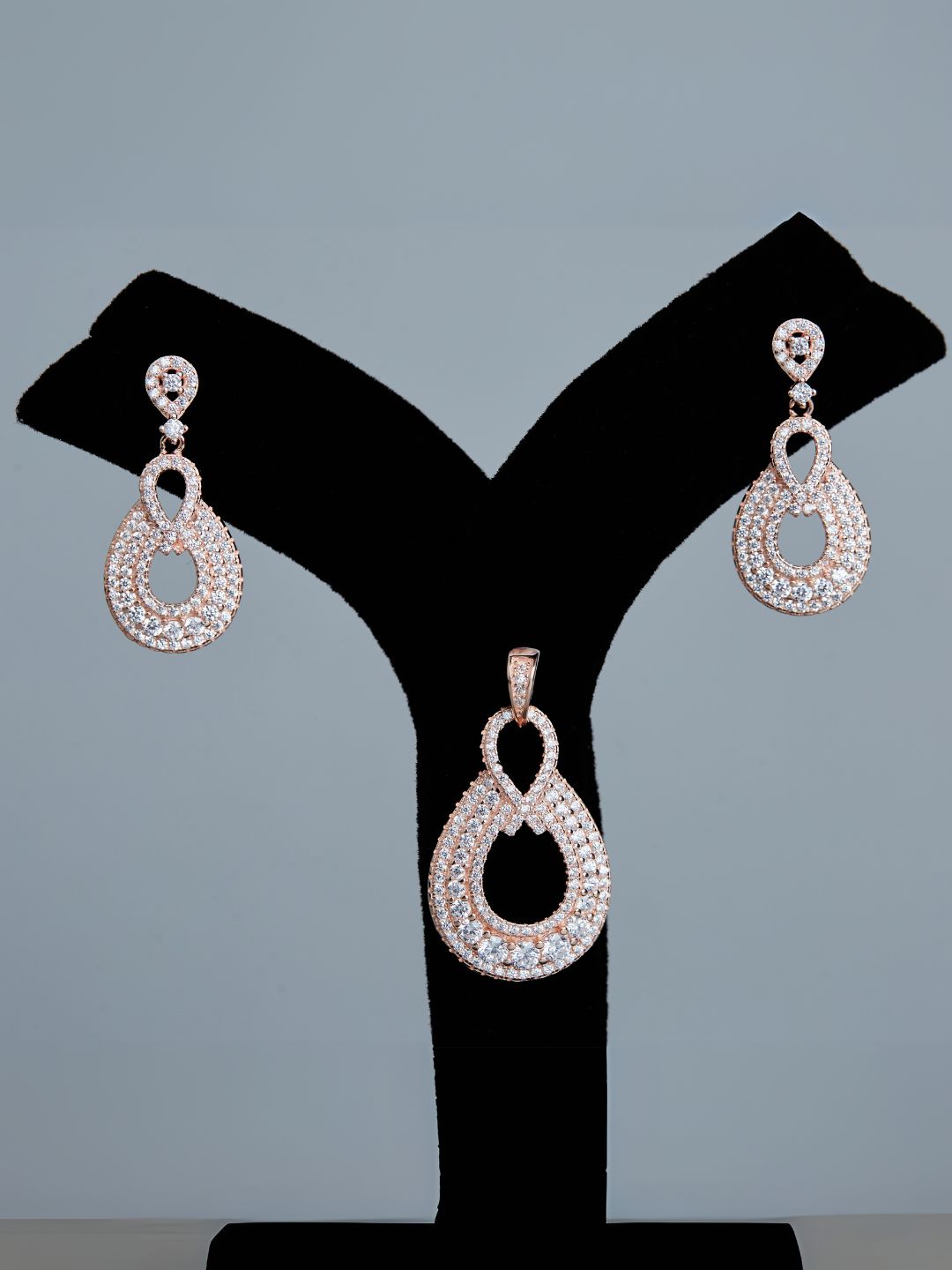 Tansi Jewels Pave -Pear Shaped Rose Gold Pendant Set With Earrings