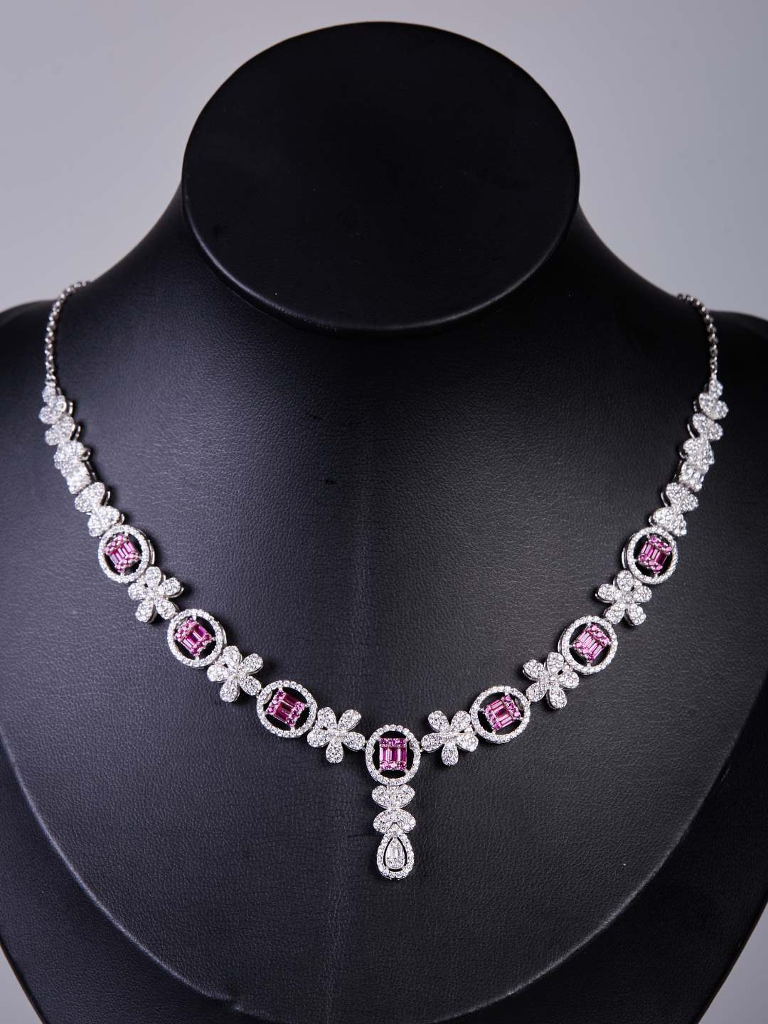 Tansi Jewels Pink Baguette Necklace Set With Matching Earrings