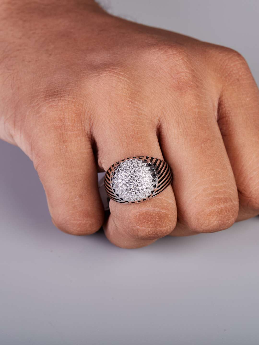 Tansi Jewels Silver Round Iced Diamond Ring