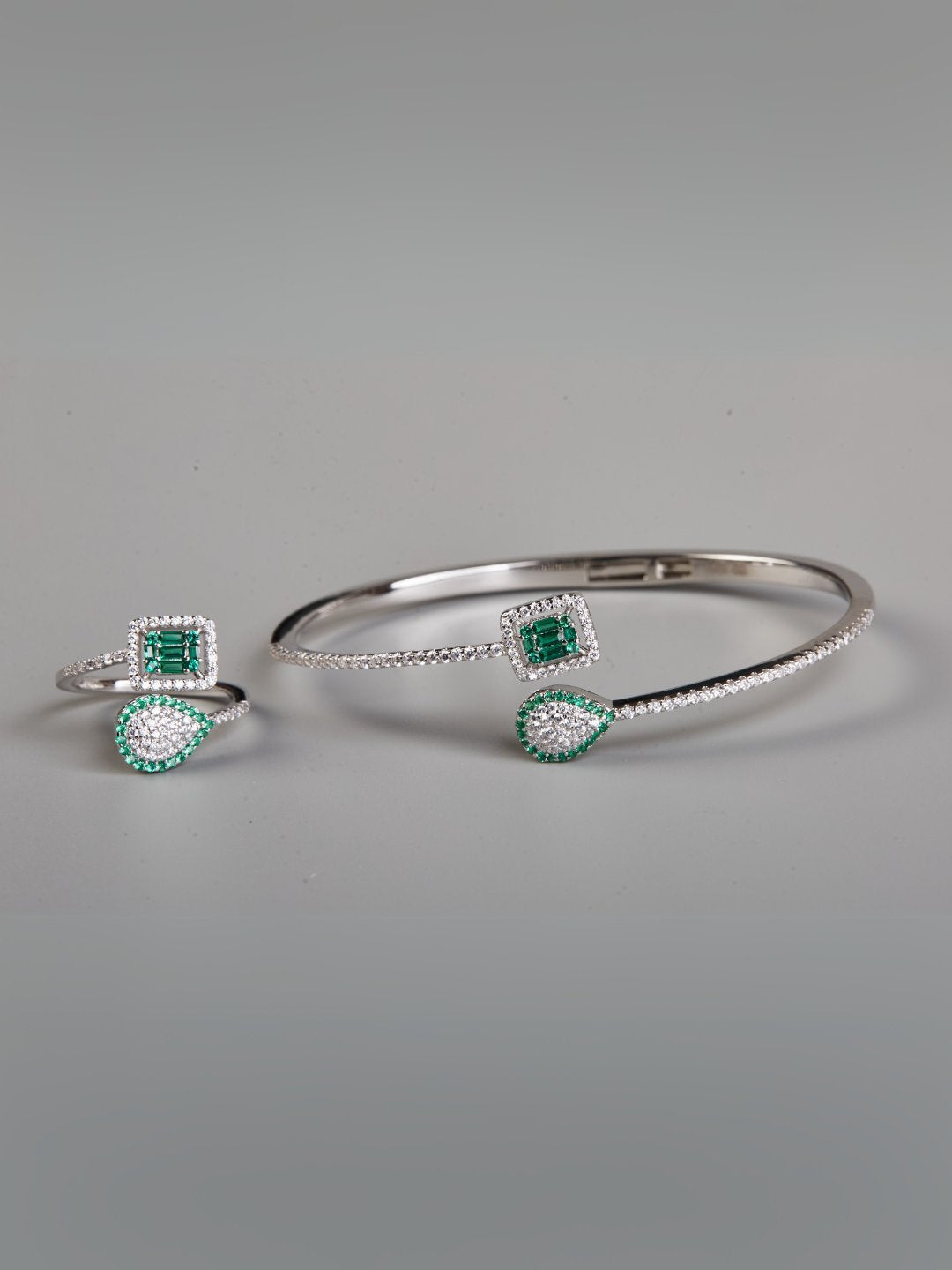 Tansi Jewels Sterling Silver Green Two Stone Bracelet And Ring Set